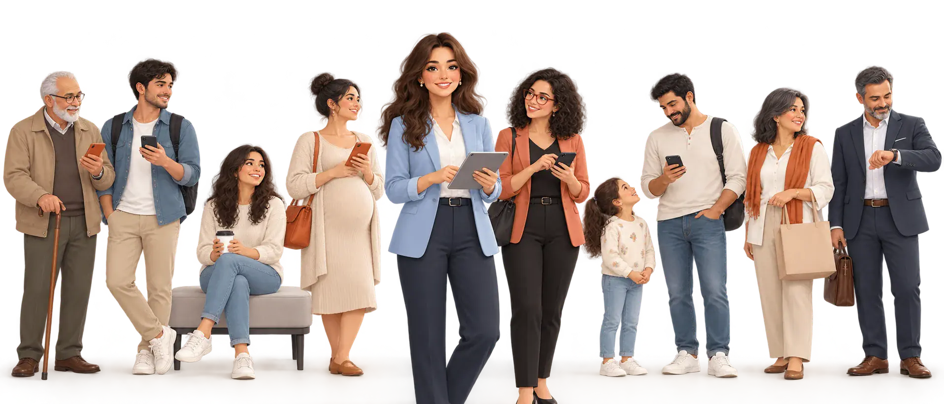 Illustrated staff and visitors using a queue management system in a bright branch