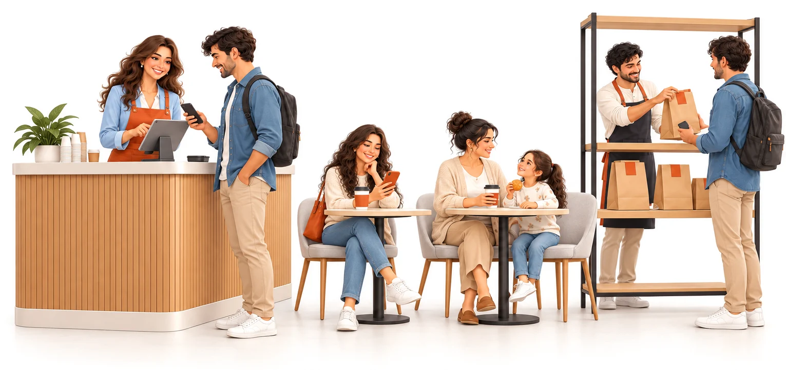A food-court counter: the cashier rings up an order on a tablet, a customer waits at a café table checking her phone, and another collects his bag from the pickup shelf.