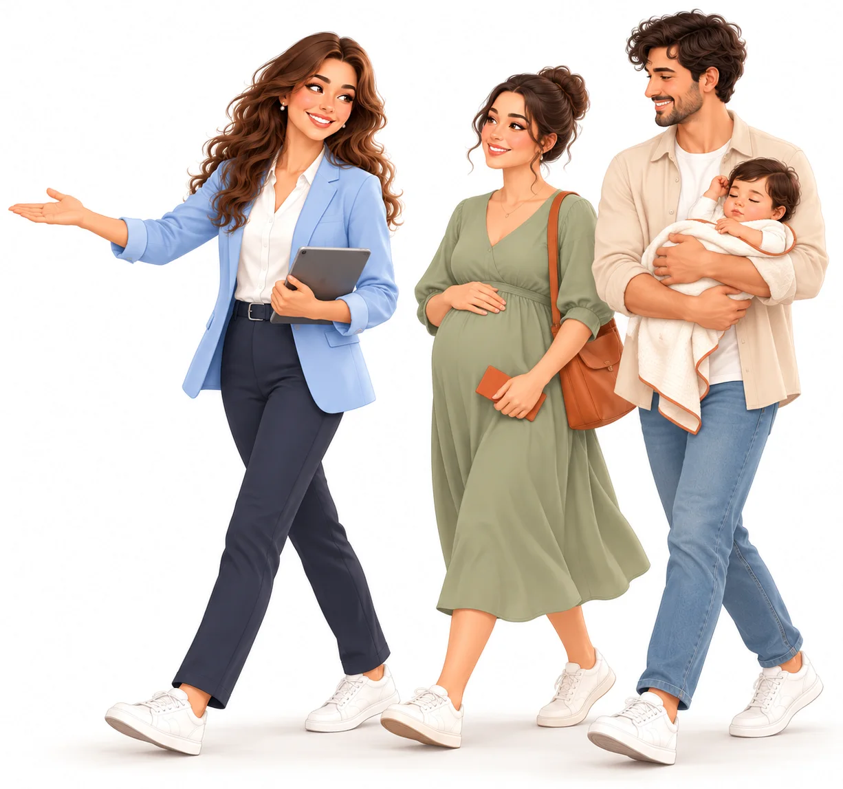 Welcomy's recurring character guiding a pregnant woman and a father carrying a sleeping baby to the front of the queue.